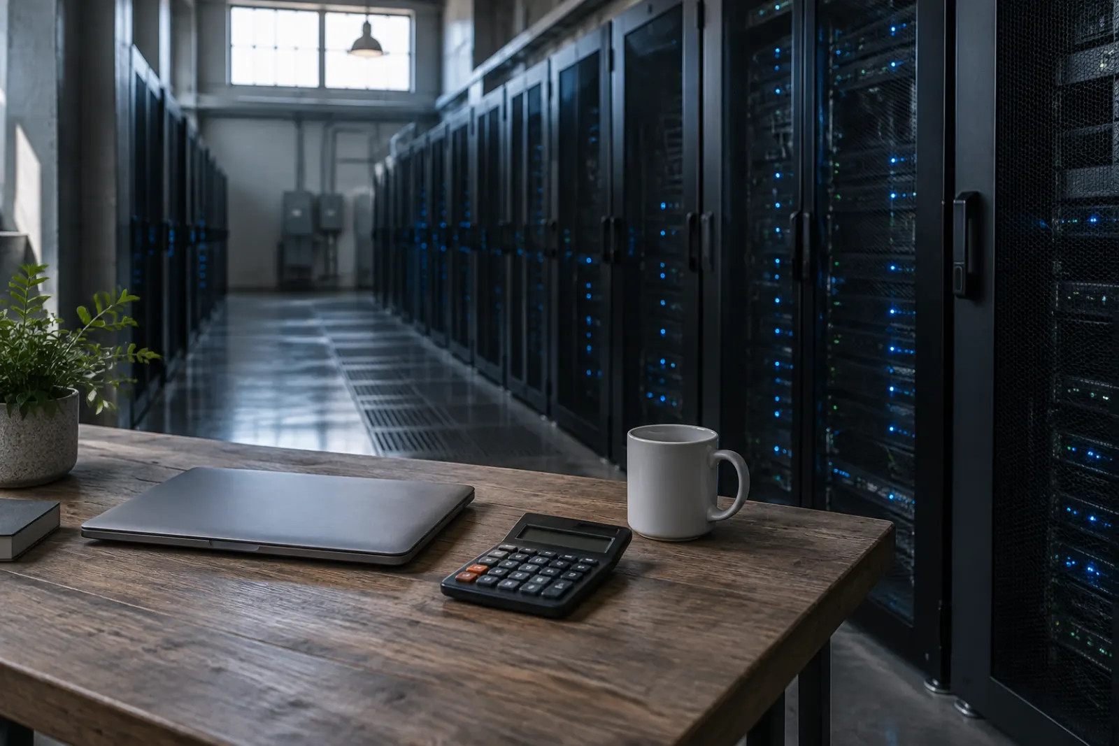 Data hall aisle of server racks behind a desk with a closed laptop and a calculator