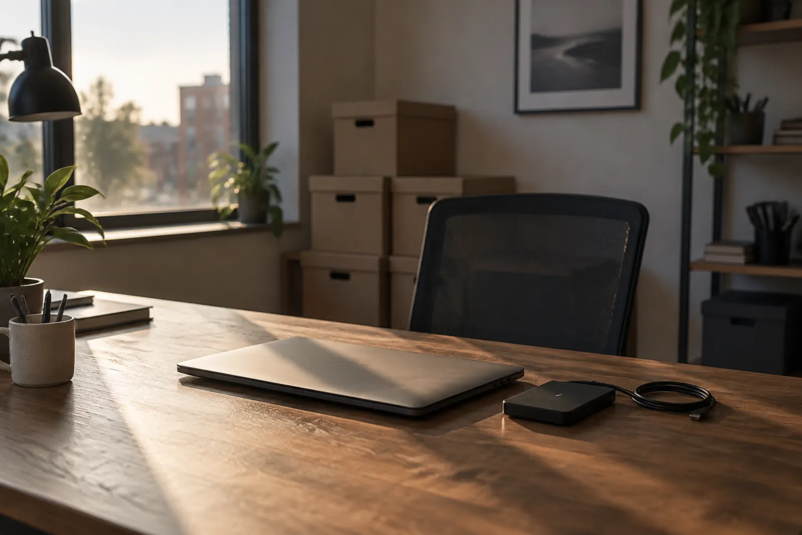 Closed laptop beside an external backup drive on an empty office desk at dusk