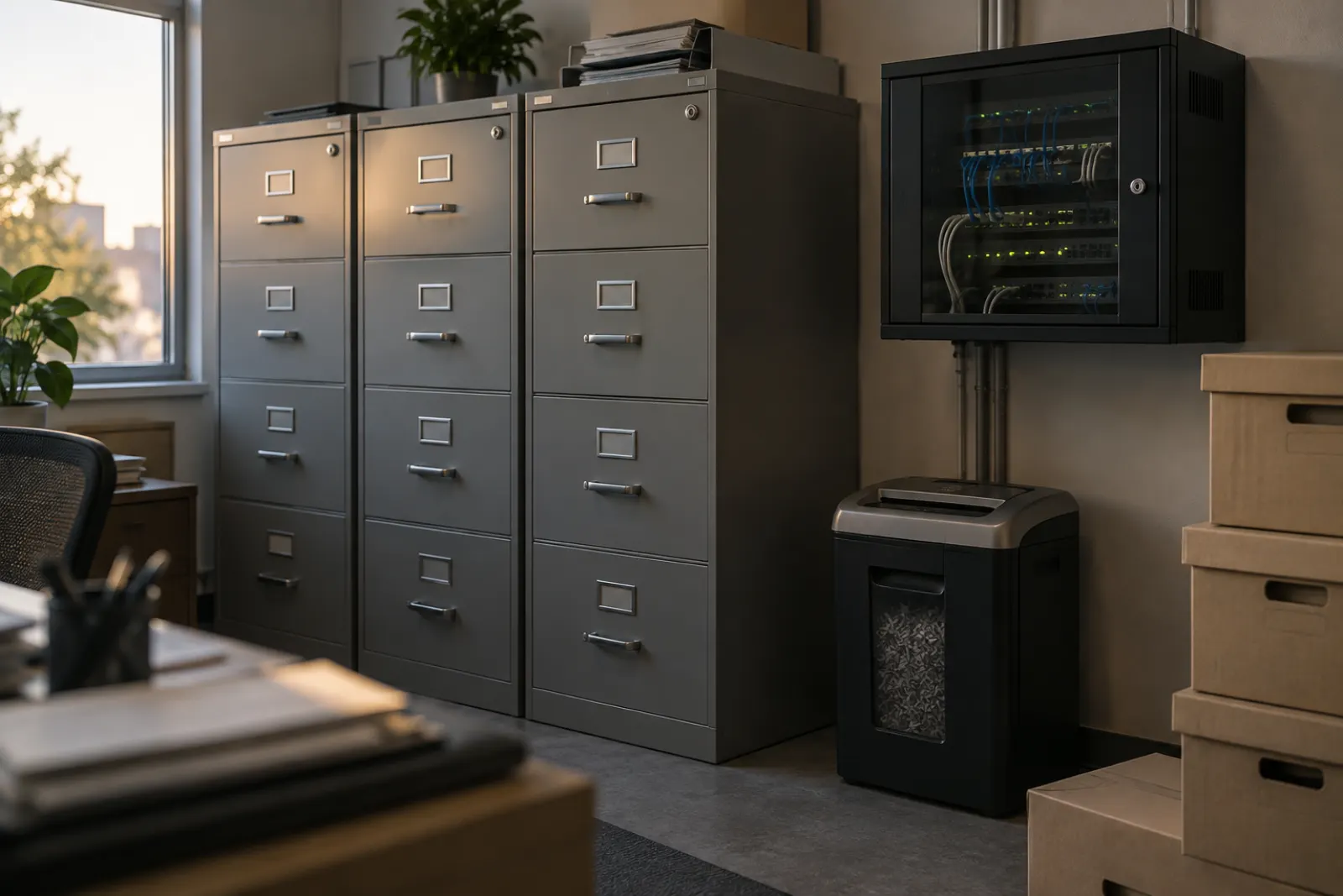 Locked filing cabinets beside a closed network cabinet in a small office back room