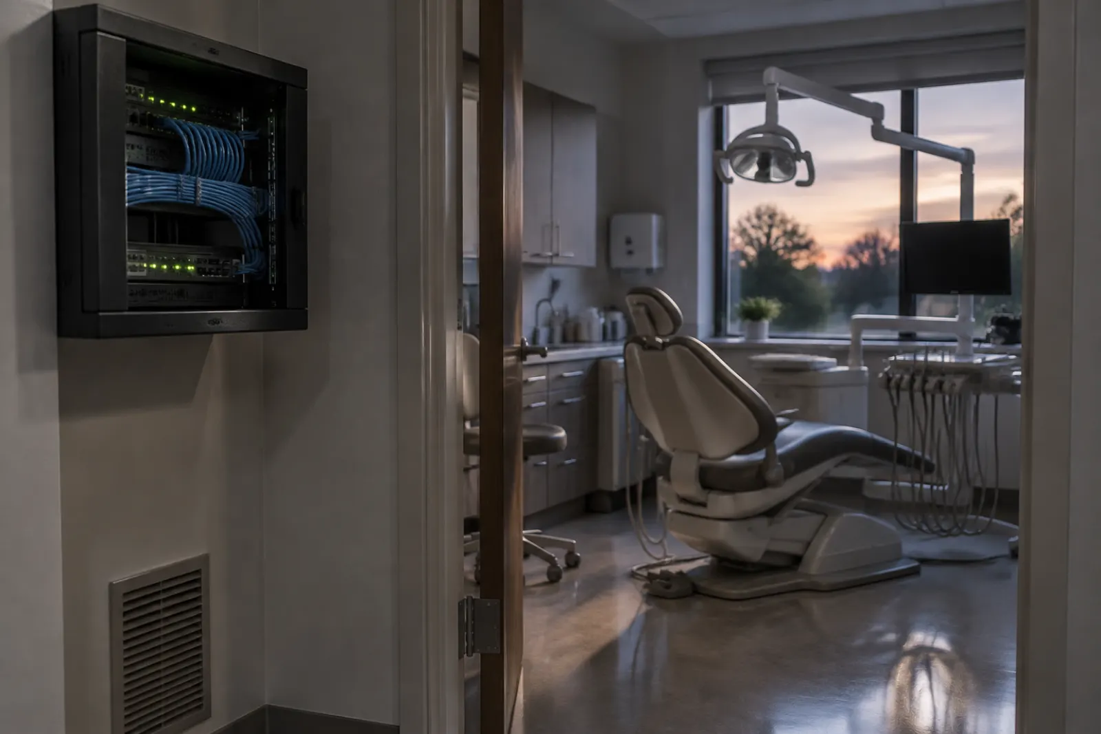 Empty dental treatment room after hours seen past a small wall-mounted network cabinet in the corridor