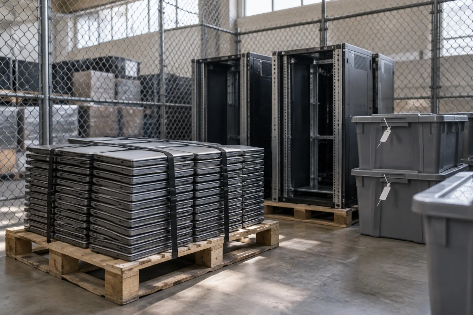 Pallet of retired laptops and server chassis inside a locked warehouse cage awaiting IT asset disposition
