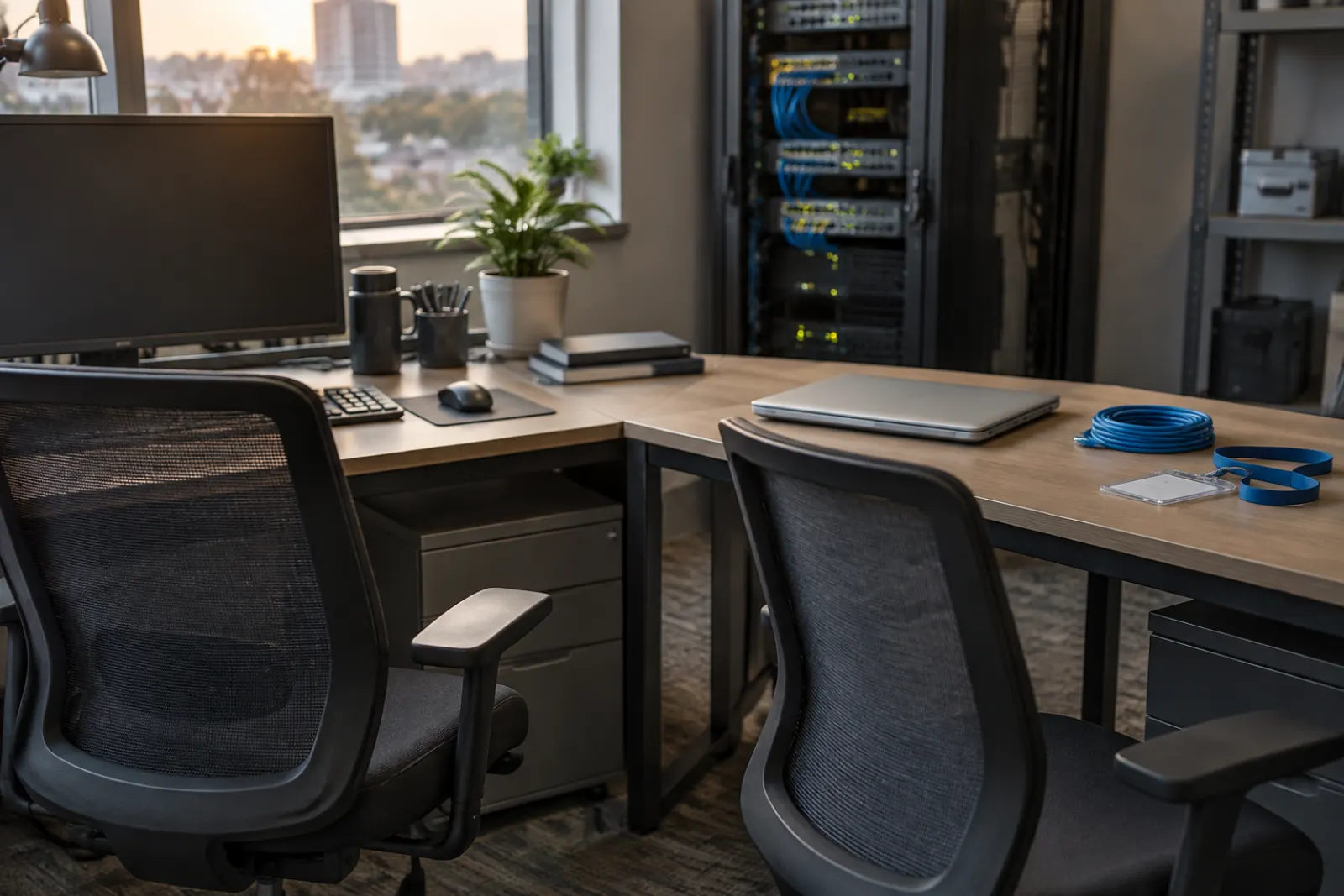Empty IT office corner with a second desk and chair added beside an existing workstation