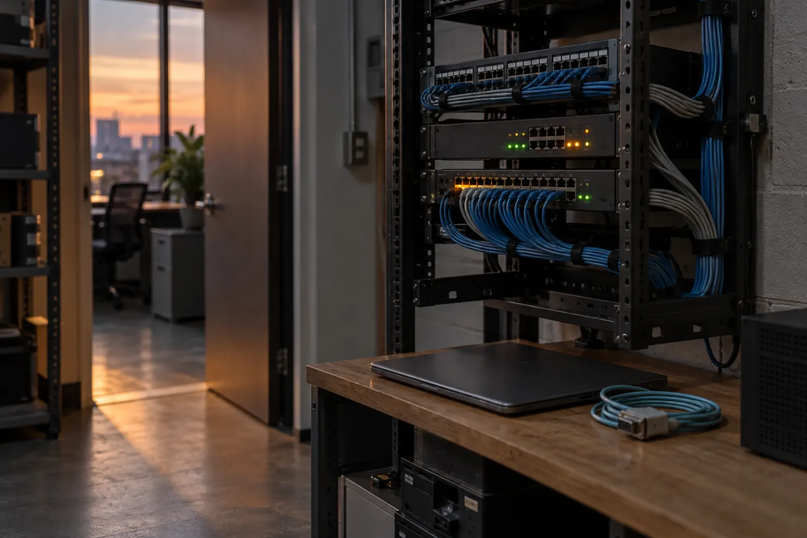 Small office network closet with a wall rack, patch cables and status lights at dusk