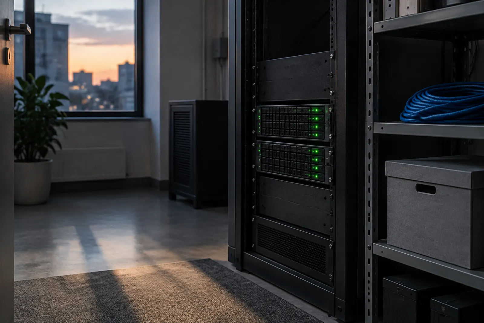 Small office server closet at dusk with two storage units and an archive box on a shelf