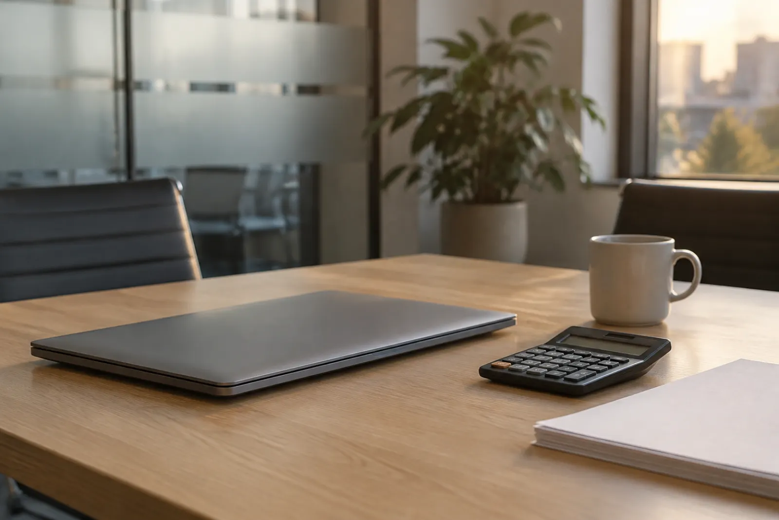 Closed laptop and desk calculator on an oak table in a quiet small office meeting room