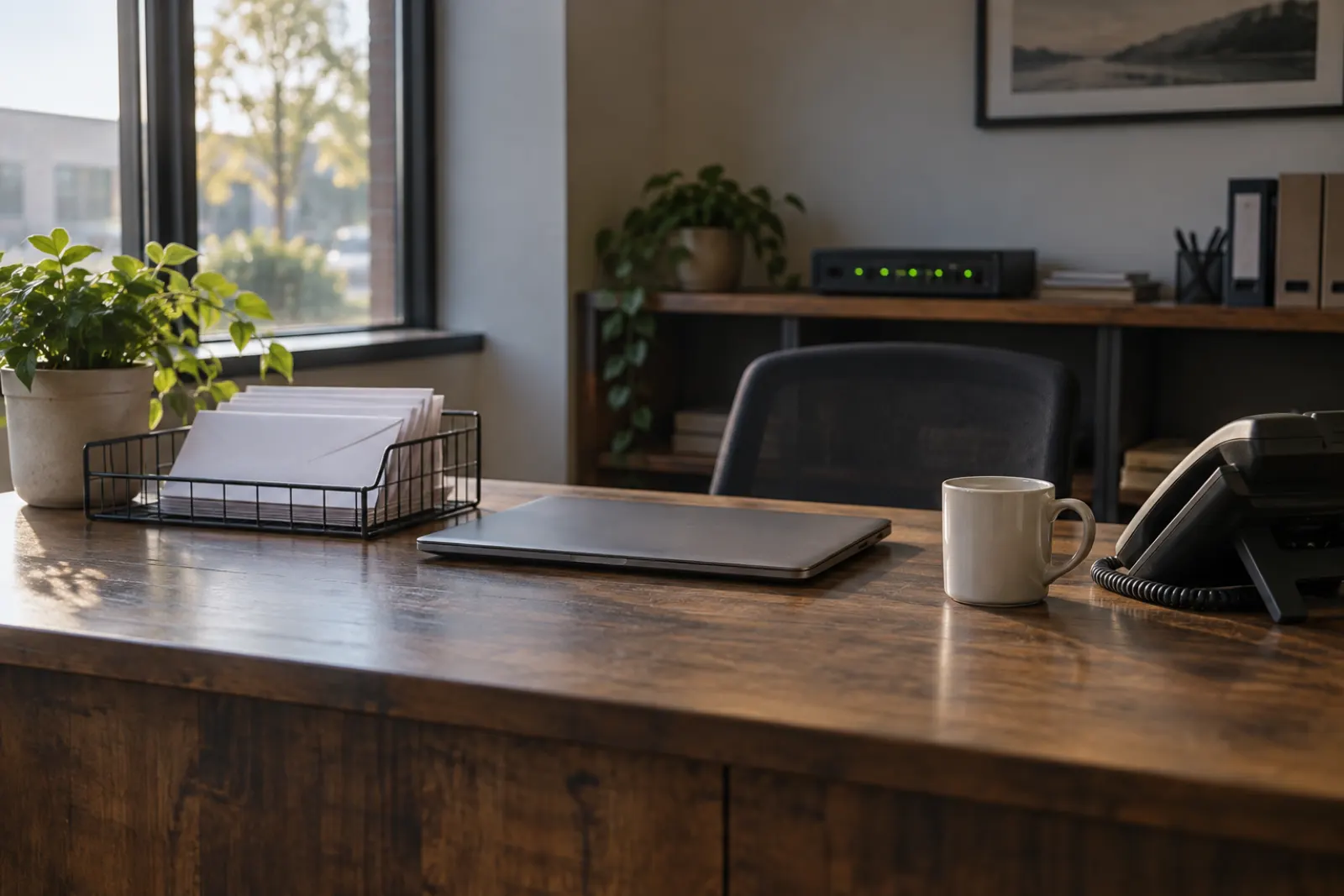 Small office reception desk with a closed laptop, a tray of blank envelopes and a network switch in morning light