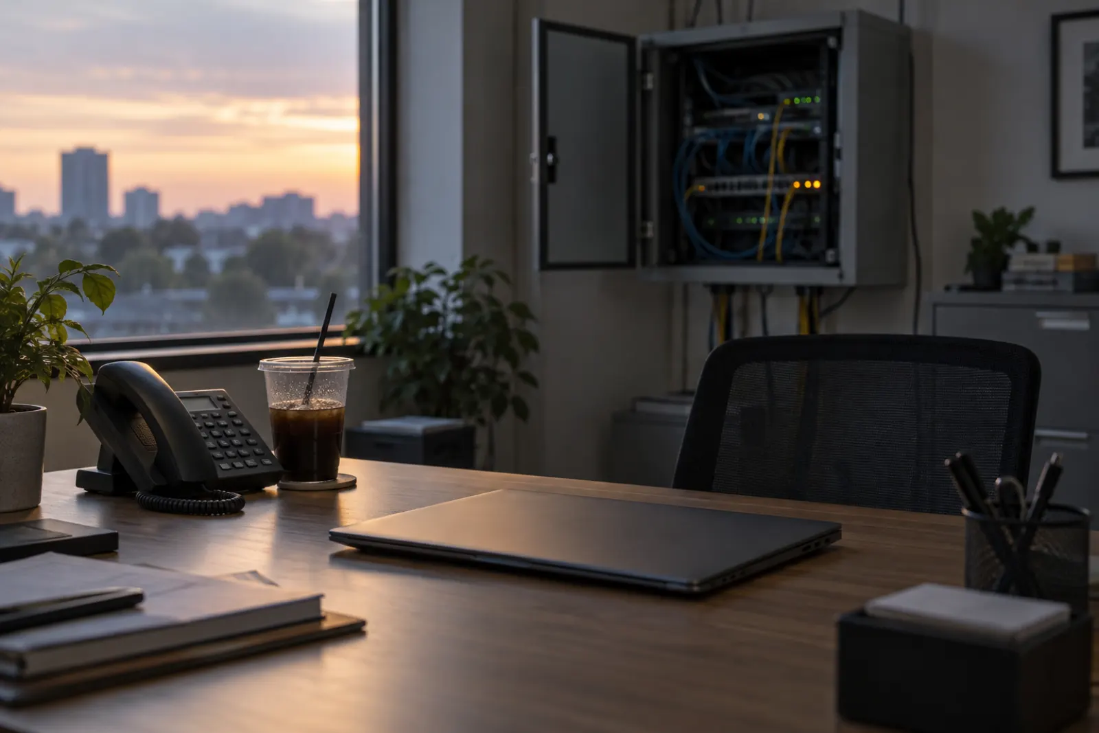 Empty office desk with a closed laptop and phone, a network cabinet with status lights behind it