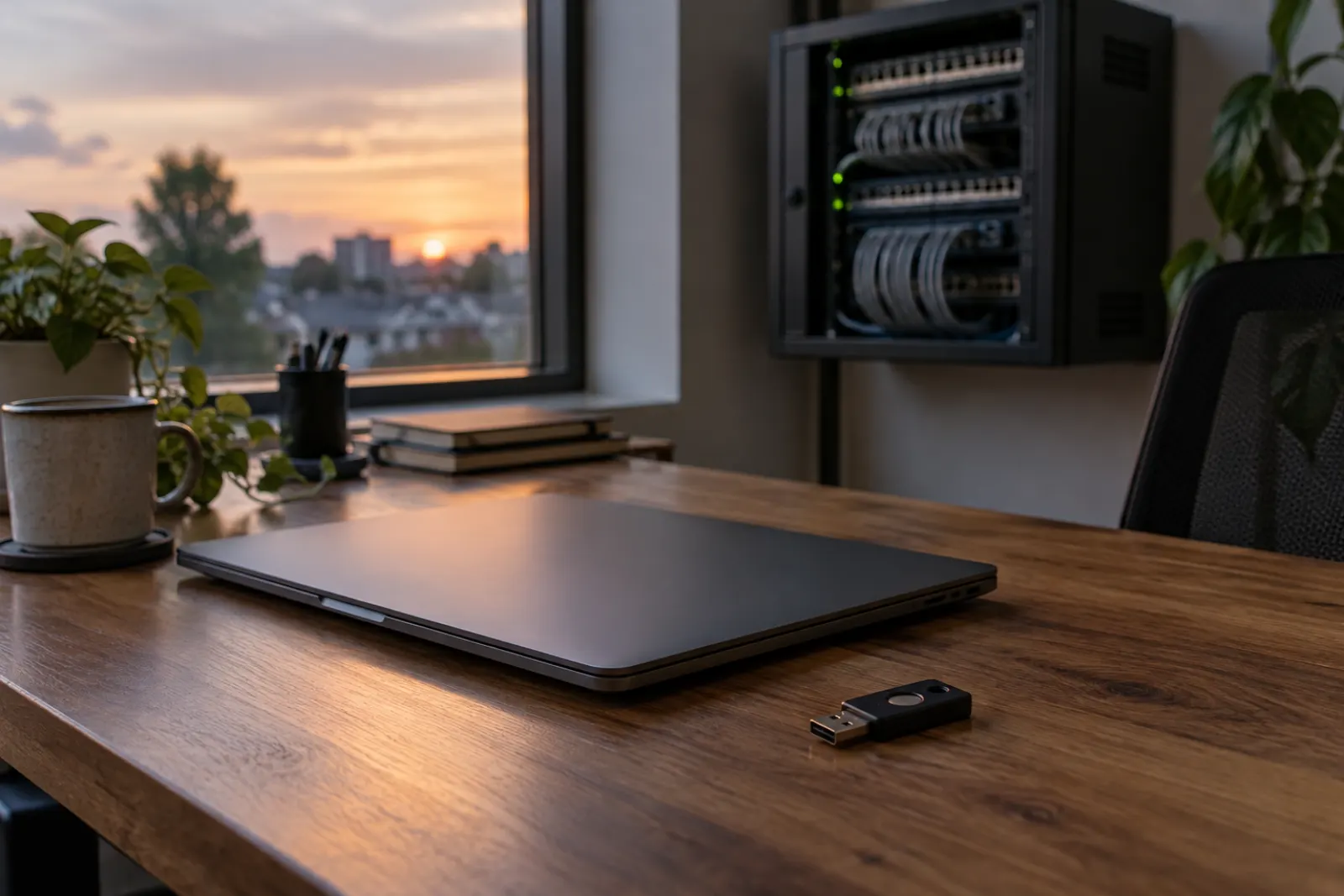 Closed laptop and a small hardware key on an office desk at dusk, with a network cabinet in the background