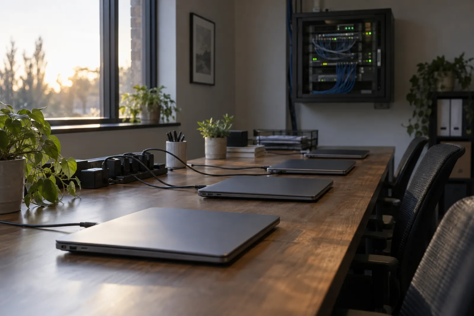 Closed laptops charging on an office desk with a network cabinet in the background