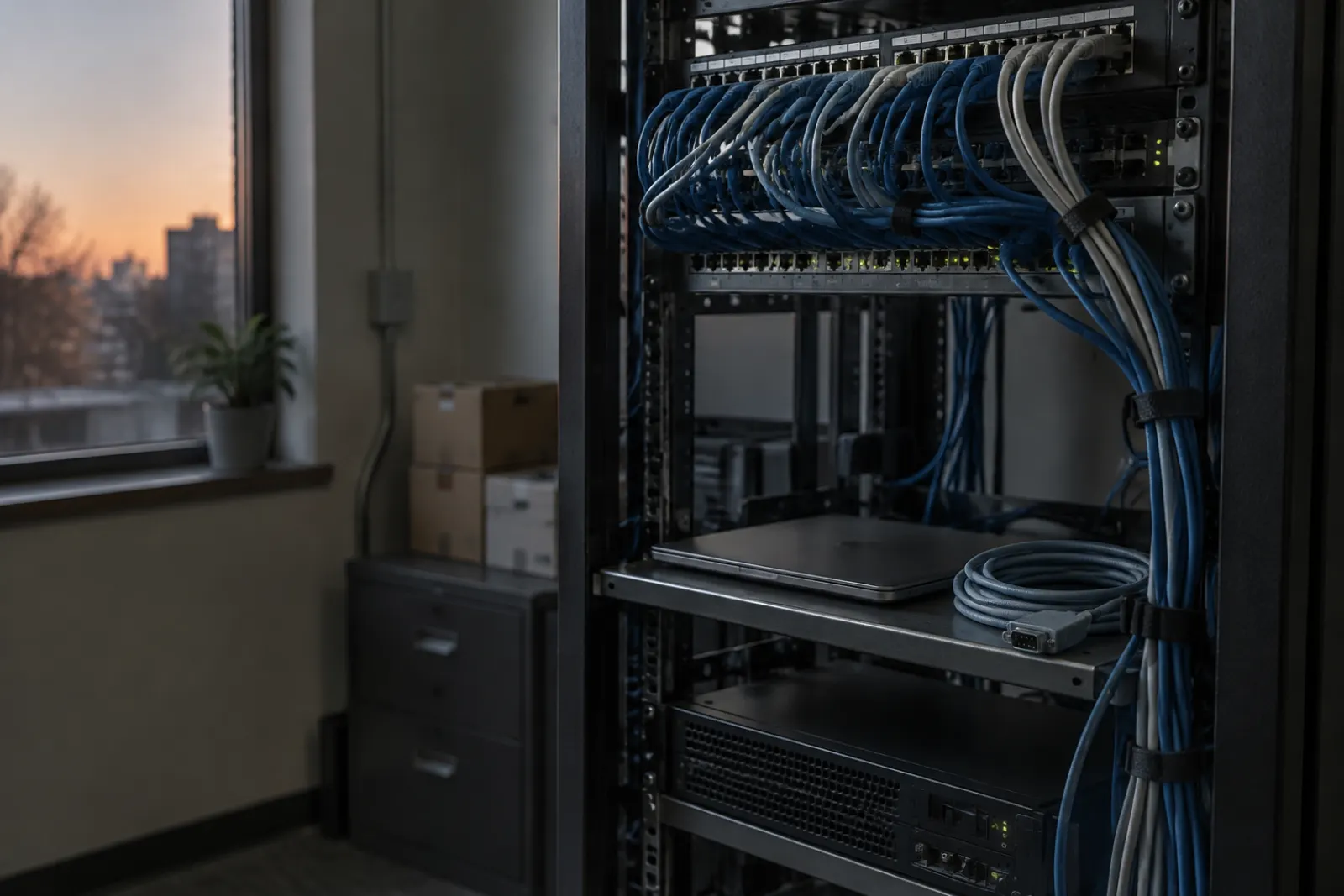 Network closet with an equipment rack, ethernet patch cables and a closed laptop on a shelf