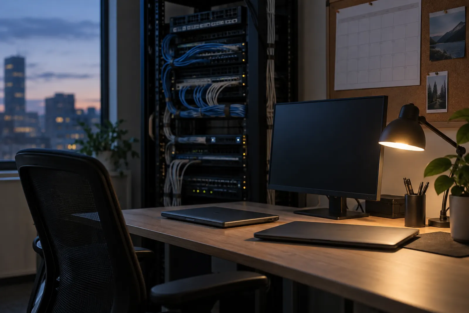 Empty security desk with closed laptops and a network rack behind, lit by evening window light