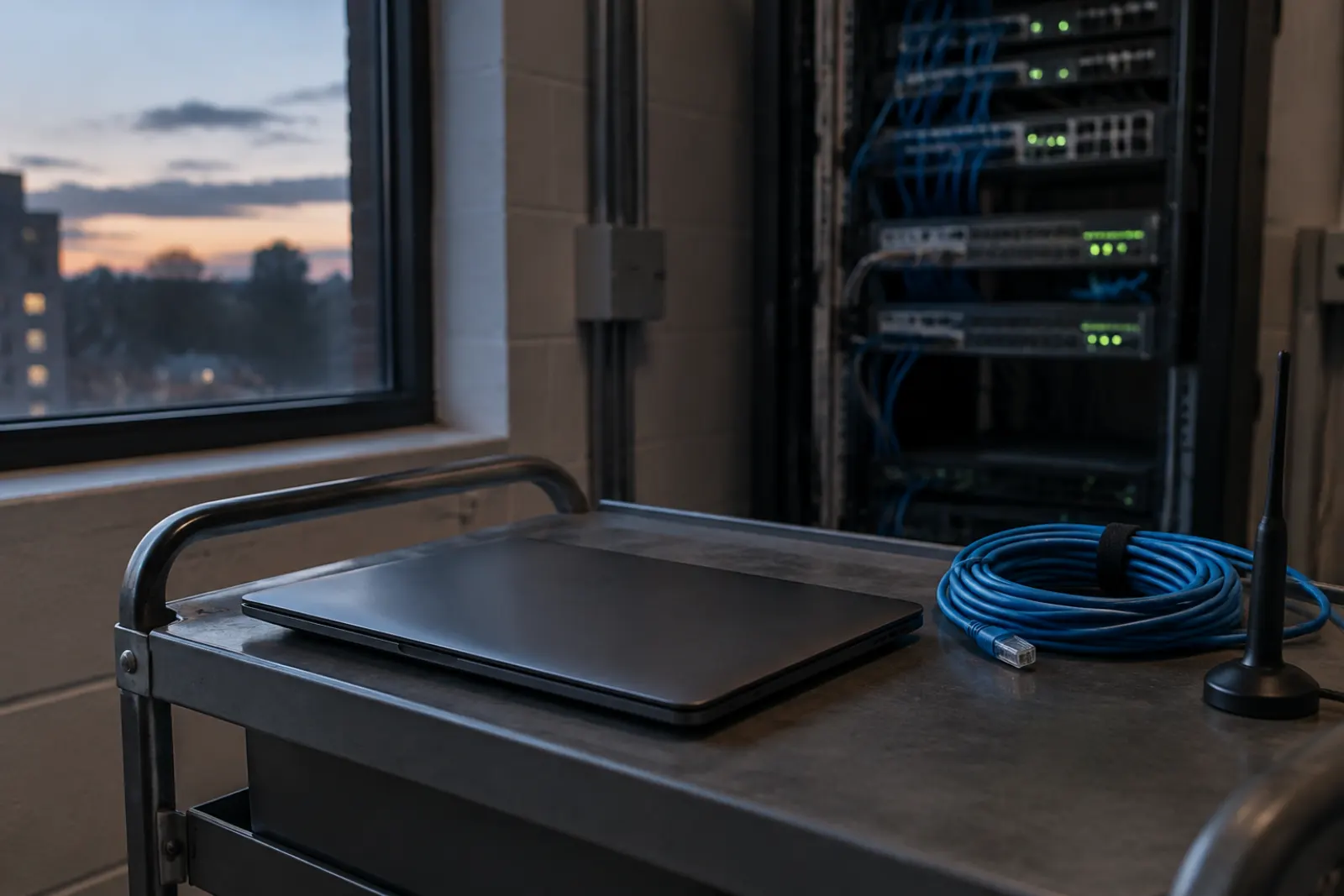 Closed laptop on an equipment cart beside a patch cable and antenna in a dim network closet