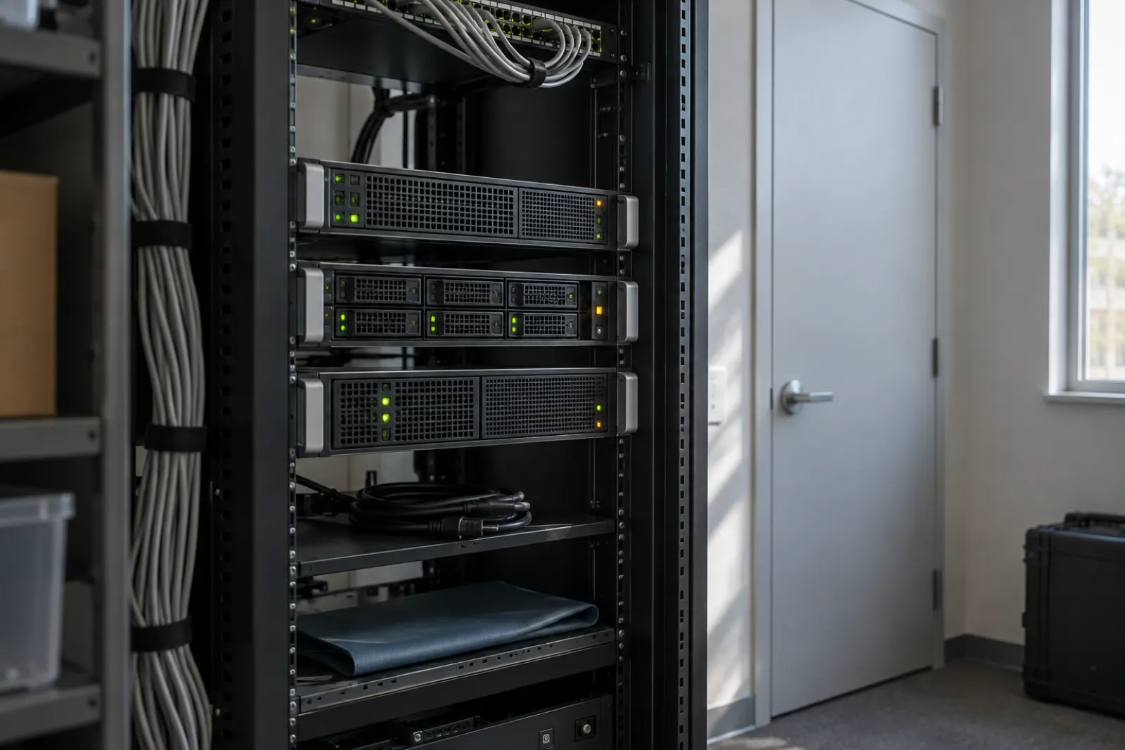 Small office server closet with an open rack of unbranded servers, status lights and bundled network cables