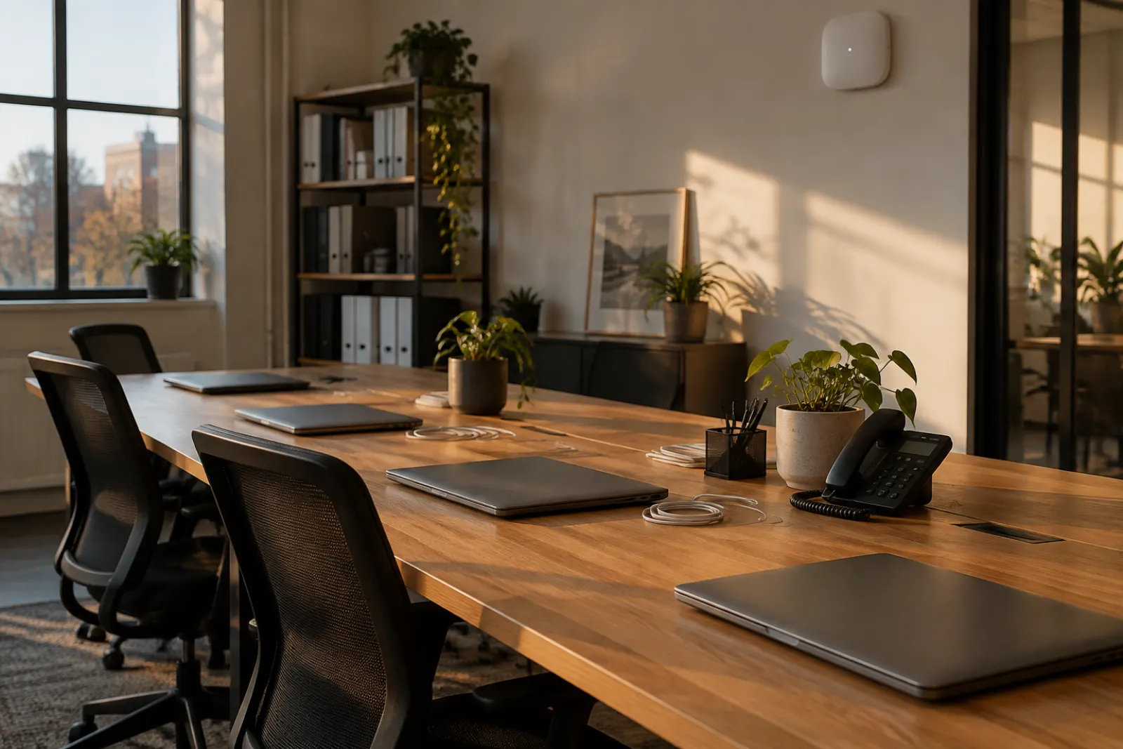 Empty small office with four closed laptops on a shared oak desk in late afternoon light