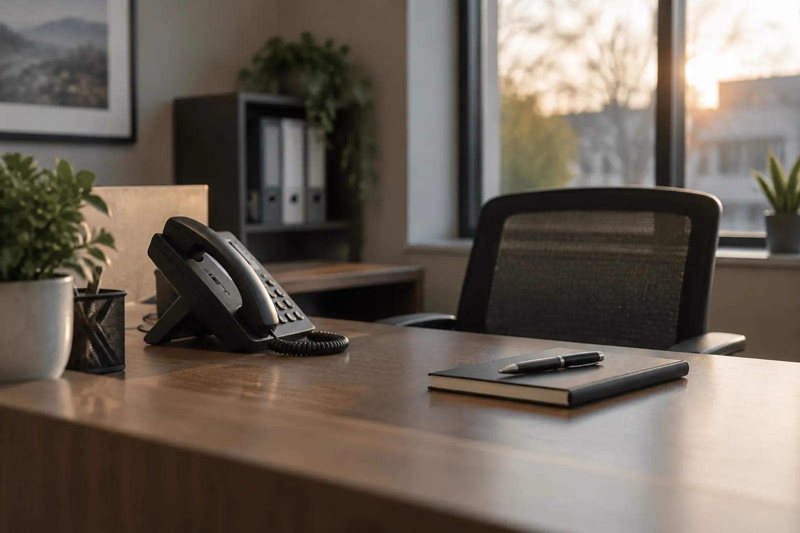 Empty small-office reception desk with a desk phone in its cradle, a notebook and a pen in late afternoon light