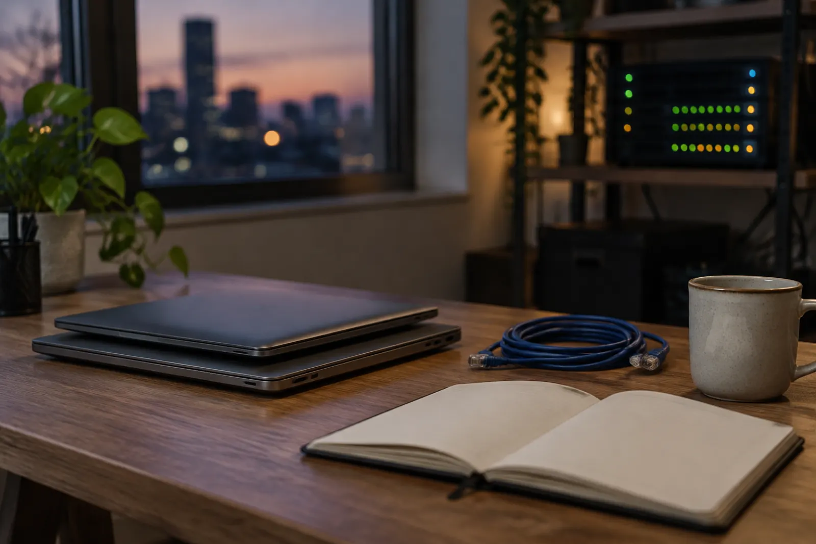 Quiet office desk at dusk with closed laptops, a blank notebook and server rack lights in the background